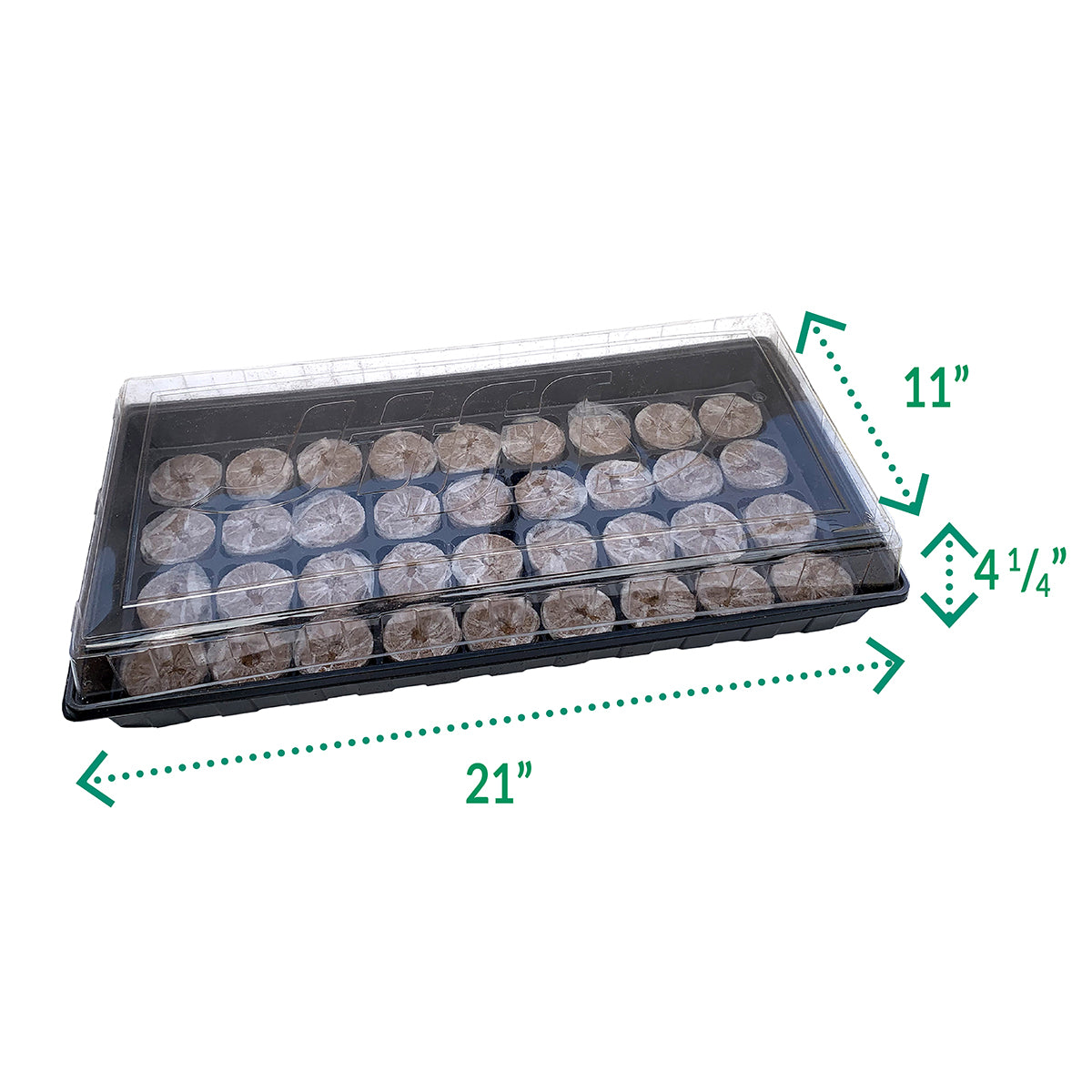 Jiffy brand seed starting kit, containing 36 peat pellets in a black tray with a clear plastic cover